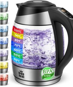FOR ME Bouilloire Électrique en Verre 1.8L, Contrôle de la Température, Température Réglable à Partir de 40°C à 100°C, Éclairage LED 7 Couleurs, Fonction de Maintien au Chaud, Sans BPA