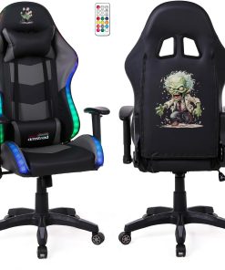 Amstrad Fauteuil Gaming Elite-LED-Zombie - Noir et Gris - Eclairage LED 576 Effets - Télécommande - Accoudoir 2D