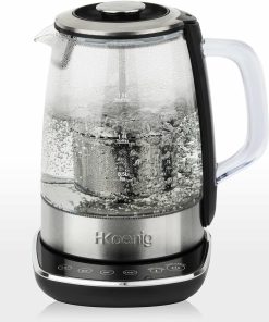 H.Koenig Théière Bouilloire Instant T électrique en Verre 1.5L TI600 avec Infuseur filtre à Thé Inox 2200W Compacte, Ebullition rapide, Thermostat Réglable 70° à 100°C, Maintien au chaud, 2couvercles