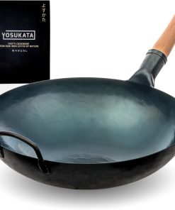 YOSUKATA Woks Et Poêles à Frire 36 cm À Fond Rond Pré-Assaisonné En Acier Carbone Bleu - Compatible Avec Les Cuisinières À Gaz Et Les Feux Ouverts, Barbecue Et Camping - Chinois Traditionnel