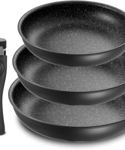 Fadware Lot de 3 poêles - 20 + 24 + 28 cm - Avec poignée amovible - Pour tous les types de feux dont induction - Revêtement anti-adhésif - Passe au four - Noir