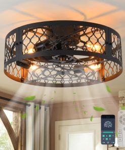 Ganeed Ventilateurs de plafond avec lumières ventilateur de plafond de ferme de style industriel 50cm métal cage éclairage E27 encastré avec télécommande noir 4 lumières