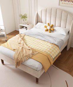 BTM Lit Capitonné 90x200 cm, Lit Simple Enfant avec Sommier à Lattes en Bois, Motif à Rayée, en Velours pour Adolescent, Beige (sans Matelas)