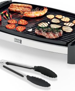 LEBENLANG Plancha électrique 2000W - Incl. Pince à griller I 45x30cm I Grill electrique pour exterieur & intérieur I Grills électriques inox xxl Planchas de table Barbecue extérieur camping Grillade