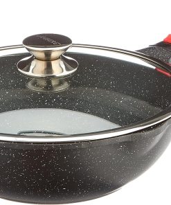 Kamberg - Wok 30 cm - Manche Amovible - Fonte d'Aluminium - Revêtement pierre - Couvercle en Verre - Tous Feux dont Induction - Sans PFOA - 0008057, Noir
