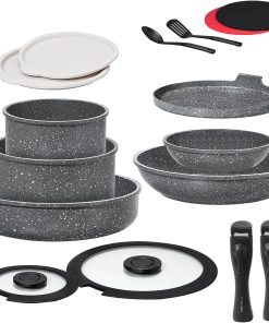 Batterie de cuisine 16 pièces induction, Lot de Casseroles et Poêles avec poignées amovibles, Empilable, Revêtement Antiadhésif en Céramique sans PFAS, avec Crêpiere et Sauteuse, Gris