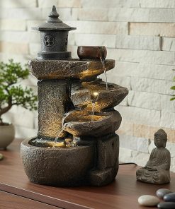 Arnusa BK851 Fontaine Cascade Avec Éclairage - Décoration de Jardin, Intérieur et Terrasse - Marron Gris