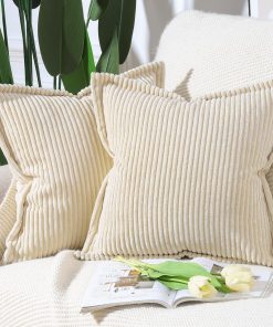 Madizz Lot de 2 Housses de Coussin en Velours côtelé rayé Boho Housse de Coussin avec Bordure à Franges décorative Douce pour canapé Chambre à Coucher Beige 40 x 40 cm