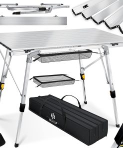 KESSER® Table de Camping Pliante avec Cadre en Aluminium - Réglage de la Hauteur et Sac de Transport avec Sangle, 120 x 70cm - BIS 30 kg, Silber