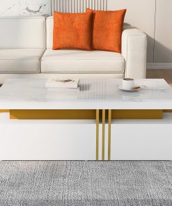 BTM Table Basse Imitation Marble, Tiroirs en Bois, Rectangulaire Moderne Table Basse Salon, 100 x50x40cm, Brillant Blanc
