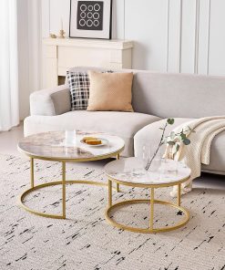 Lot de 2 Tables Basses Gigognes Ronde avec Plateau en Céramique Technique (Non en MDF),Tables D'Appoint Idéal pour Salon, Chambre, Balcon (Pandora+Or), 60+80cm